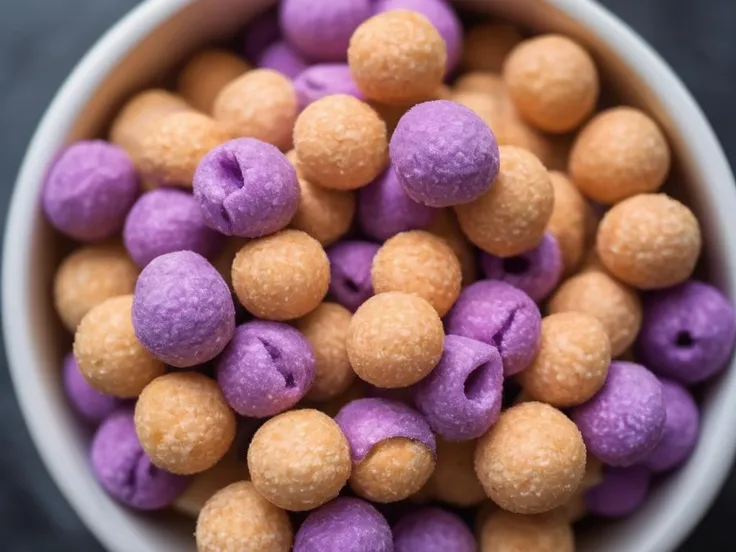 A close-up shot of a bowl or bag full of delicious Hangiball, a popular snack. The Hangiball are perfectly round, with a texture that suggests a satisfying crunch or chew. They are piled high in their container, with some pieces spilling over the edge, adding a sense of abundance. The scene is set in a casual dining environment, with blurred background elements that suggest a relaxed, everyday setting. The lighting should be warm and inviting, highlighting the appetizing qualities of the Hangiball and the cozy atmosphere of the setting,<lora:hanjiball:0.7>,Purple,tawny