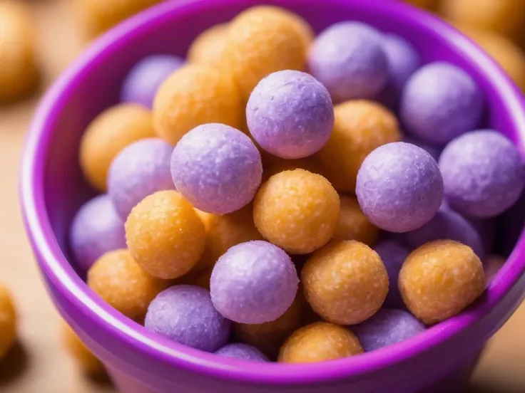 A close-up shot of a bowl or bag full of delicious Hangiball, a popular snack. The Hangiball are perfectly round, with a texture that suggests a satisfying crunch or chew. They are piled high in their container, with some pieces spilling over the edge, adding a sense of abundance. The scene is set in a casual dining environment, with blurred background elements that suggest a relaxed, everyday setting. The lighting should be warm and inviting, highlighting the appetizing qualities of the Hangiball and the cozy atmosphere of the setting,<lora:hanjiball:0.7>,Purple,tawny