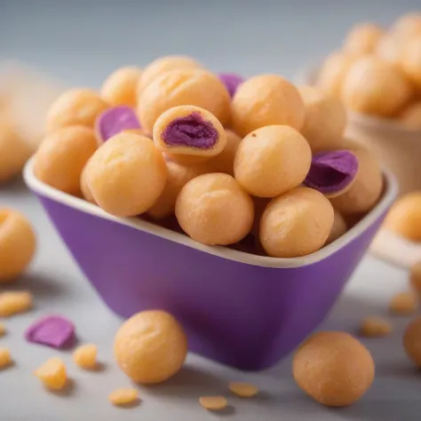 A close-up shot of a bowl or bag full of delicious Hangiball, a popular snack. The Hangiball are perfectly round, with a smooth surface that is free of cracks or irregular bumps. They are piled high in their container, with some pieces spilling over the edge, adding a sense of abundance. The scene is set in a casual dining environment, with blurred background elements that suggest a relaxed, everyday setting. The lighting should be warm and inviting, highlighting the appetizing qualities of the Hangiball and the cozy atmosphere of the setting,Purple.tawny,<lora:hanjiball:0.7>