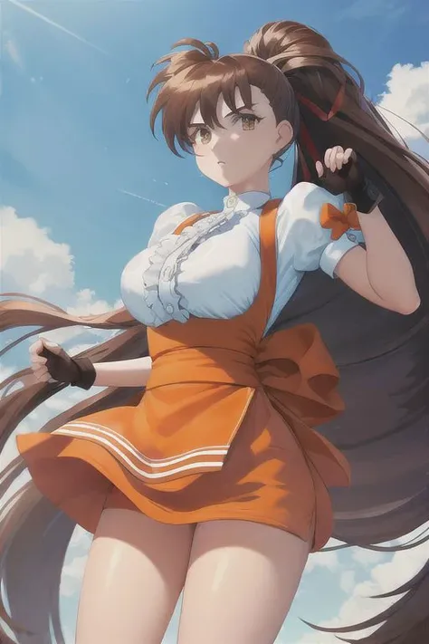 ,best quality, masterpiece, 1girl, (solo:1.1),from above,, raytracing, ultra detailed,detailed face, 8k wallpaper, (wide hips),
takeuyuka,very long hair,hair bow, frilled shirt, underbust, ribbon, fingerless gloves, white gloves, waist apron, orange skirt, socks, toeless legwear
