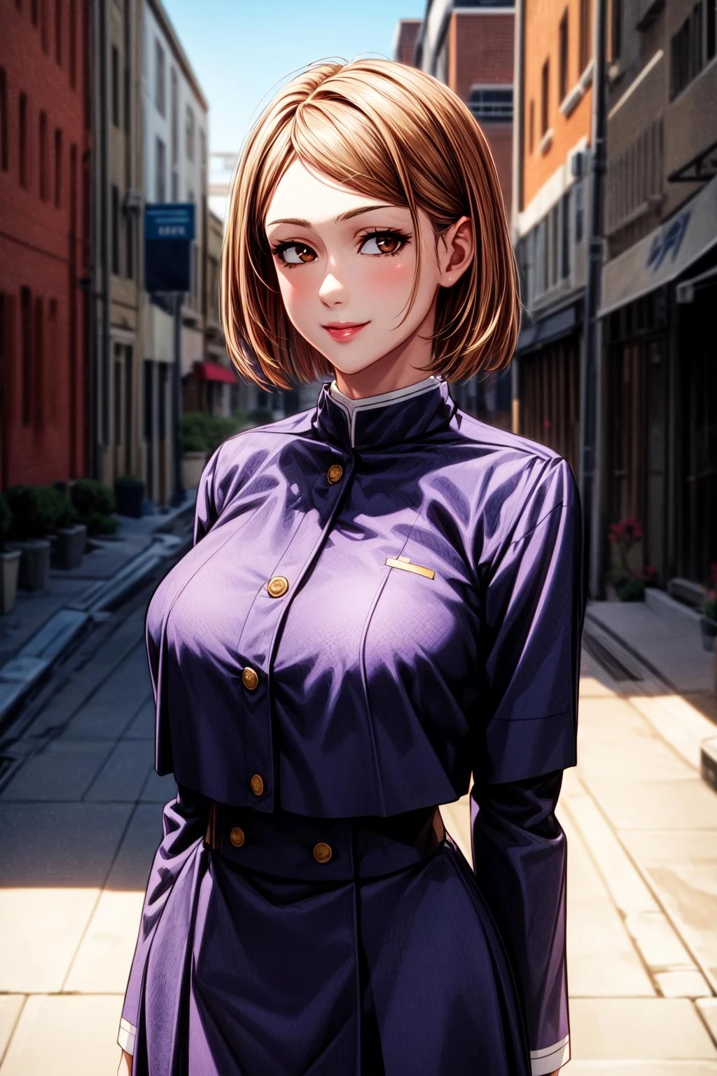 best quality, masterprice, 1girl, (solo:1.1), raytracing, ultra detailed,detailed face, 8k wallpaper, large breasts, smile, wide hips, <lora:more_details:1.1>, <lora:NobaraNDV:0.7>, NobaraNDV, brown hair, brown eyes, jujuntsu uniform, standing, outdoor, street, detailed background, (ultra detailed:1.2)