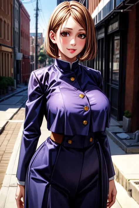 best quality, masterprice, 1girl, (solo:1.1), raytracing, ultra detailed,detailed face, 8k wallpaper, large breasts, smile, wide hips, <lora:more_details:1.1>, <lora:NobaraNDV:0.7>, NobaraNDV, brown hair, brown eyes, jujuntsu uniform, standing, outdoor, street, detailed background, (ultra detailed:1.2)