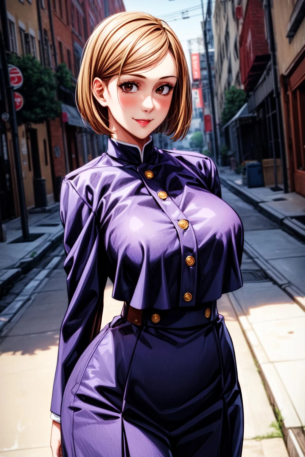 best quality, masterprice, 1girl, (solo:1.1), raytracing, ultra detailed,detailed face, 8k wallpaper, large breasts, smile, wide hips, <lora:more_details:1.1>, <lora:NobaraNDV:0.7>, NobaraNDV, brown hair, brown eyes, jujuntsu uniform, standing, outdoor, street, detailed background, (ultra detailed:1.2)