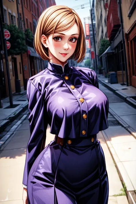 best quality, masterprice, 1girl, (solo:1.1), raytracing, ultra detailed,detailed face, 8k wallpaper, large breasts, smile, wide hips, <lora:more_details:1.1>,  <lora:NobaraNDV:0.7>, NobaraNDV, brown hair, brown eyes, jujuntsu uniform, standing, outdoor, street, detailed background, (ultra detailed:1.2)