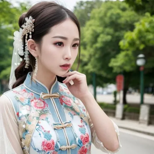 (8k, RAW photo, best quality, masterpiece:1.2), (realistic, photo-realistic:1.4), ultra-detailed, (Internet celebrity beauty),perfect detail ,  make up,(upper body shot:1.1),China Jiangnan water town style, zshs, <lora:zshs-10:0.6>