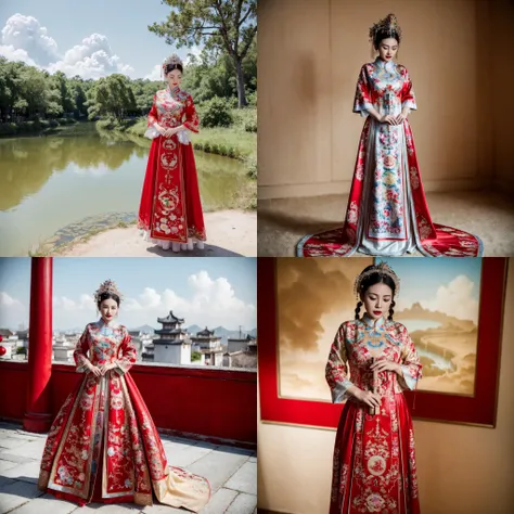 (8k, RAW photo, best quality, masterpiece:1.2), (realistic, photo-realistic:1.4), ultra-detailed, (Internet celebrity beauty),perfect detail ,  make up,(full body shot),China Jiangnan water town style, (cloud),zshs, a red and white dress with a red hat and gloves,<lora:zshs-10:0.8>