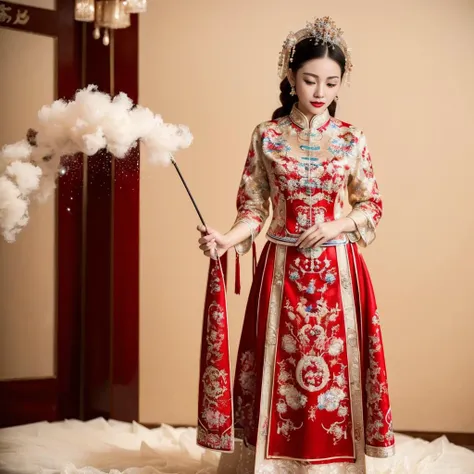 (8k, RAW photo, best quality, masterpiece:1.2), (realistic, photo-realistic:1.4), ultra-detailed, (Internet celebrity beauty),perfect detail , make up,(full body shot),China Jiangnan water town style, (cloud),zshs, a red and white dress with a red hat and gloves,<lora:zshs-10:0.8>