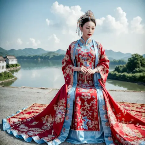 (8k, RAW photo, best quality, masterpiece:1.2), (realistic, photo-realistic:1.4), ultra-detailed, (Internet celebrity beauty),perfect detail ,  make up,(full body shot),China Jiangnan water town style, (cloud),zshs, a woman in a red and blue dress and a crown,<lora:zshs-10:0.8>