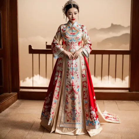 (8k, RAW photo, best quality, masterpiece:1.2), (realistic, photo-realistic:1.4), ultra-detailed, (Internet celebrity beauty),perfect detail , make up,(full body shot),China Jiangnan water town style, (cloud),zshs, a red and white dress with a red hat and gloves,<lora:zshs-10:0.8>