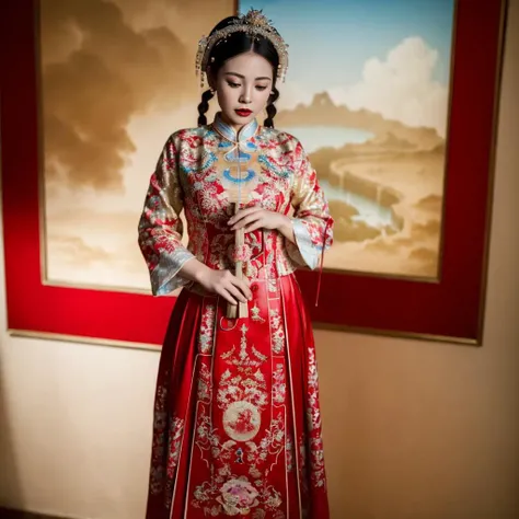 (8k, RAW photo, best quality, masterpiece:1.2), (realistic, photo-realistic:1.4), ultra-detailed, (Internet celebrity beauty),perfect detail , make up,(full body shot),China Jiangnan water town style, (cloud),zshs, a red and white dress with a red hat and gloves,<lora:zshs-10:0.8>