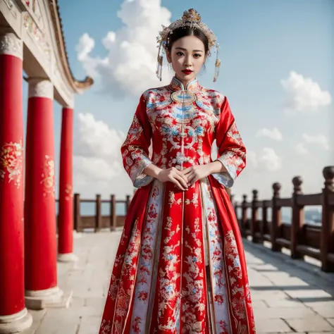 (8k, RAW photo, best quality, masterpiece:1.2), (realistic, photo-realistic:1.4), ultra-detailed, (Internet celebrity beauty),perfect detail , make up,(full body shot),China Jiangnan water town style, (cloud),zshs, a red and white dress with a red hat and gloves,<lora:zshs-10:0.8>