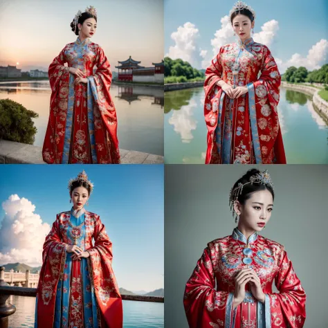 (8k, RAW photo, best quality, masterpiece:1.2), (realistic, photo-realistic:1.4), ultra-detailed, (Internet celebrity beauty),perfect detail , make up,(full body shot),China Jiangnan water town style, (cloud),zshs, a woman in a red and blue dress and a crown,<lora:zshs-10:0.8>