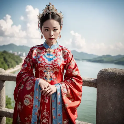 (8k, RAW photo, best quality, masterpiece:1.2), (realistic, photo-realistic:1.4), ultra-detailed, (Internet celebrity beauty),perfect detail , make up,(full body shot:1.2),China Jiangnan water town style, (cloud),zshs, a woman in a red and blue dress and a crown,<lora:zshs-10:0.8>