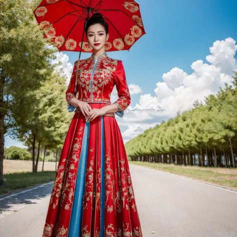 (8k, RAW photo, best quality, masterpiece:1.2), (realistic, photo-realistic:1.4), ultra-detailed, (Internet celebrity beauty),perfect detail ,  make up,(full body shot:1.1),(midday:1.5), (sunny:1.5),(Blue sky:1.2), (cloud),zshs, a woman in a red and blue dress and a red umbrella,<lora:zshs-10:0.8>