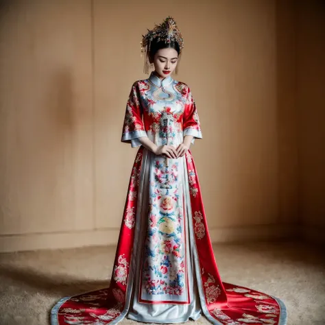 (8k, RAW photo, best quality, masterpiece:1.2), (realistic, photo-realistic:1.4), ultra-detailed, (Internet celebrity beauty),perfect detail , make up,(full body shot),China Jiangnan water town style, (cloud),zshs, a red and white dress with a red hat and gloves,<lora:zshs-10:0.8>