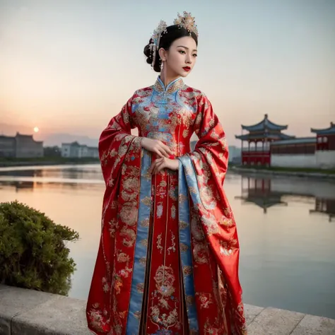 (8k, RAW photo, best quality, masterpiece:1.2), (realistic, photo-realistic:1.4), ultra-detailed, (Internet celebrity beauty),perfect detail , make up,(full body shot),China Jiangnan water town style, (cloud),zshs, a woman in a red and blue dress and a crown,<lora:zshs-10:0.8>