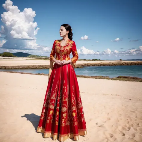(8k, RAW photo, best quality, masterpiece:1.2), (realistic, photo-realistic:1.4), ultra-detailed, (Internet celebrity beauty),perfect detail , make up,(full body shot:1.1),(midday:1.5), (sunny:1.5),(Blue sky:1.2), (cloud),zshs, a woman in a red and gold dress,<lora:zshs-10:0.8>