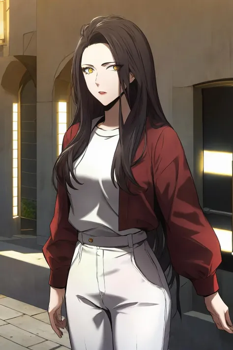 masterpiece, best quality, high quality, highres,
outdoors,
looking at viewer,
black shirt, white pants, red jacket,
Jenny, tall female, <lora:Jenny-10:1>