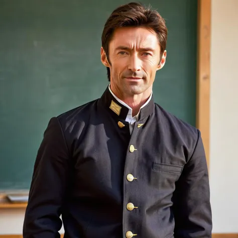 Generate a realistic portrait of a character inspired by Hugh Jackman, dressed in a traditional Japanese junior high school uniform from the early years. The character mirrors Jackman's distinguished featuresâintense gaze, strong jawline, and a subtle smile. He is clad in a classic Gakuran jacket with its iconic stand-up collar and metal buttons, paired with straight-legged trousers. A leather school bag is casually slung over his shoulder. The setting is an old-school classroom, with wooden desks and a chalkboard, evoking the historic ambiance of Japan,<lora:gakuran:0.8>