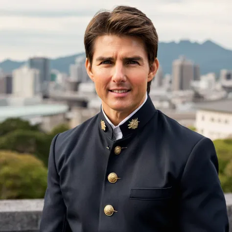 Create a portrait in a realistic style, featuring Tom Cruise as a male junior high school student from early-year Japan, donned in a traditional Gakuran uniform. The uniform is meticulously detailed, with a stand-up collar, five gleaming metal buttons, and a deep black hue. He stands confidently on a rooftop, with the expansive city skyline stretching into the distance behind him, symbolizing both ambition and the timeless spirit of youth,<lora:gakuran:0.8>