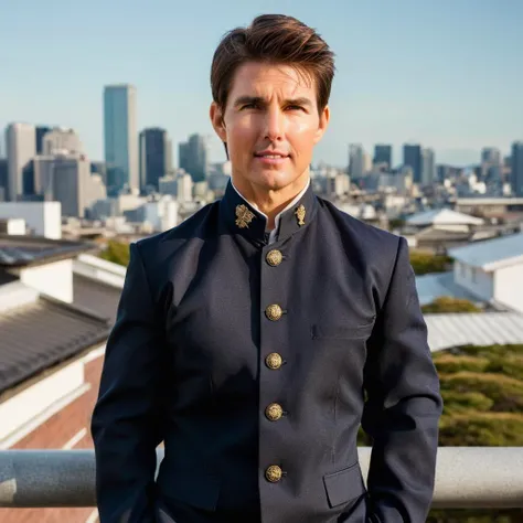 Create a portrait in a realistic style, featuring Tom Cruise as a male junior high school student from early-year Japan, donned in a traditional Gakuran uniform. The uniform is meticulously detailed, with a stand-up collar, five gleaming metal buttons, and a deep black hue. He stands confidently on a rooftop, with the expansive city skyline stretching into the distance behind him, symbolizing both ambition and the timeless spirit of youth,<lora:gakuran:0.8>