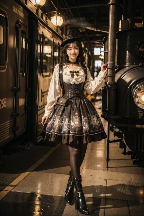 best quality, masterpiece, photorealistic, 1girl, solo, looking at viewer, smile, full body, standing, cyb dress, print dress, white shirt, corset, long sleeves, pouch, choker, bowtie, steampunk, black pantyhose, high heel boots, steam, industrial pipe, detailed background, steam locomotive, night, light, <lora:steampunk_dress_style1_v1:0.7>