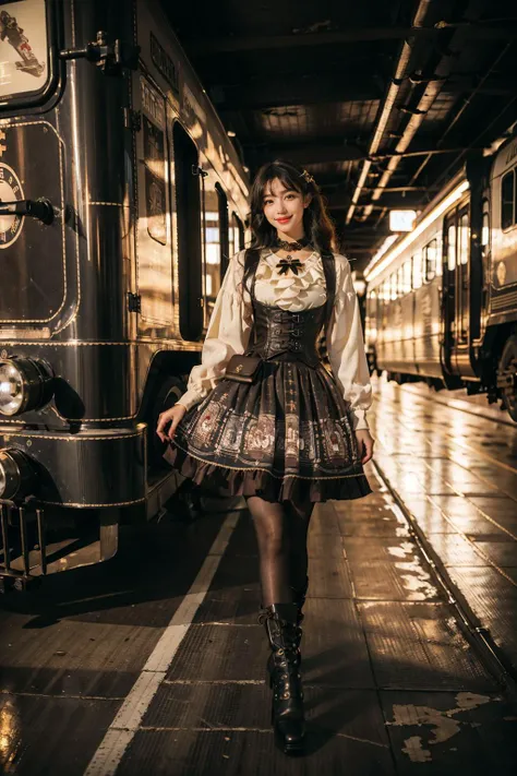 best quality, masterpiece, photorealistic, 1girl, solo, looking at viewer, smile, full body, standing, cyb dress, print dress, white shirt, corset, long sleeves, pouch, choker, bowtie, steampunk, black pantyhose, high heel boots, steam, industrial pipe, detailed background, steam locomotive, night, light, <lora:steampunk_dress_style1_v1:0.7>