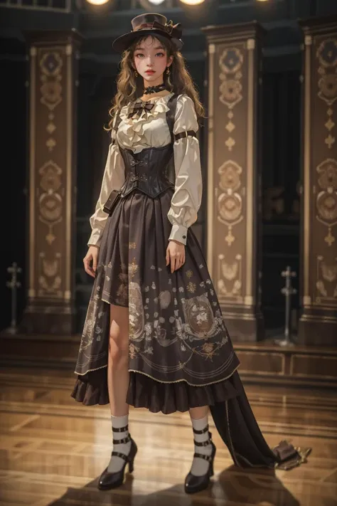 highres,absurdres,masterpiece,best quality,original,extremely detailed CG,extremely detailed wallpaper,perfect lighting,(standing on the stage),blurry background,looking at viewer,
<lora:steampunk_dress_style1_v1:0.6>,cyb dress,print dress,white shirt,corset,long sleeves,pouch,choker,bowtie,steampunk,
