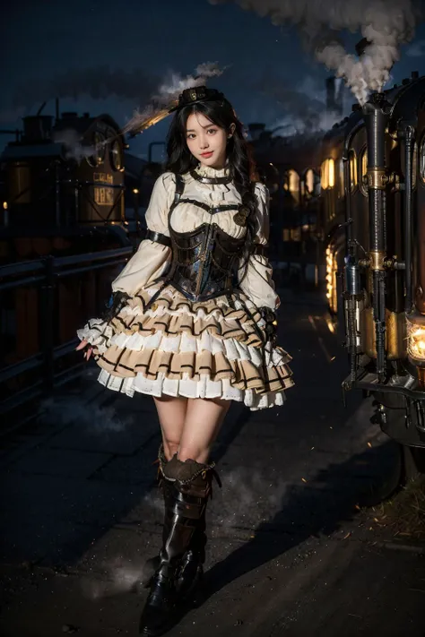 best quality, masterpiece, realistic, photorealistic, 1girl, solo, looking at viewer, full body, long black hair, bangs, cyb dress, steampunk, layered dress, frilled dress, frills, corset, long sleeves, hat, knee boots, (steam, steam locomotive, night, light, factory:1.6), detailed background, <lora:steampunk_dress_style2_v1:0.7>