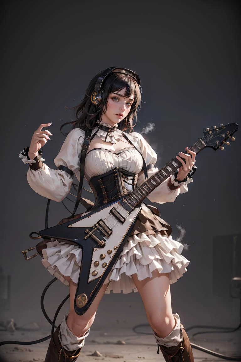 (best quality, ultra detailed), steampunk, washed out, 1girl, solo, (playing electric guitar, electric guitar:1.1), <lora:guitar_v_flying_v:1.0>, cyb dress, (layered dress, frilled dress, frills:0.8), corset, long sleeves, knee boots, headphone, <lora:steampunk_dress_style2_v1:0.5>, steampunkai, <lora:steampunkai10MBLora_10mb:0.5>, speaker, fogy,