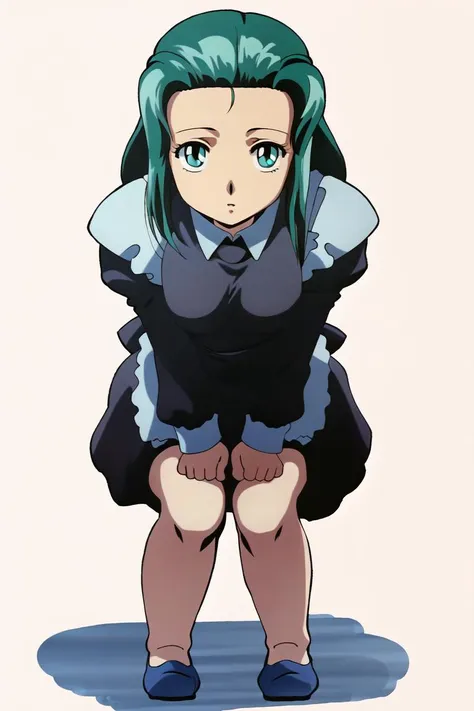 <lora:Anri001:0.7>
Anri, full body, looking at viewer, 
1girl,green hair,aqua eyes,
forehead,
white background, 
maid,