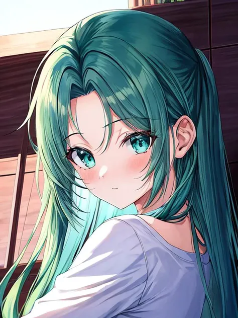 <lora:anri001:0.7> masterpiece, anri, 1girl, green hair, forehead, aqua eyes, solo, long hair, <lora:add_detail:0.5>, <lora:noline:0.3>, <lora:boldline:-0.3>, 1980s style, (anime: 0.91)