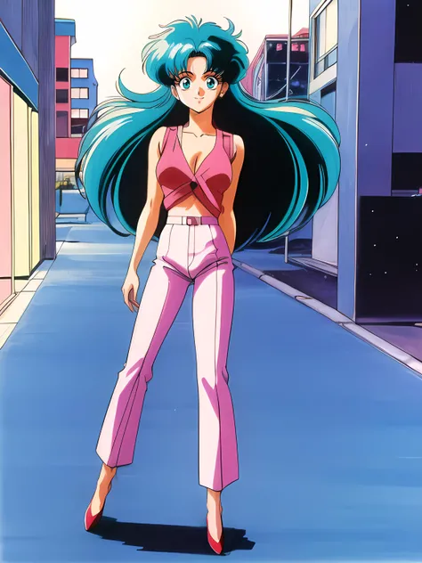 red shoes, <lora:anri001:0.7> masterpiece, anri, 1girl, green hair, forehead, aqua eyes, solo, long hair, <lora:add_detail:0.5>, <lora:noline:0.3>, <lora:boldline:-0.3>, (1980s style: 1.3), (anime: 0.91), beautiful eyes, beautiful face, smile, walking, blouse, pants, full body, night, city