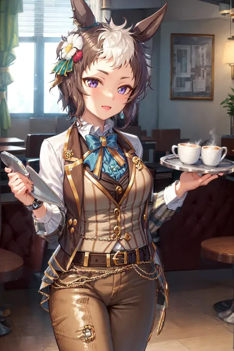 masterpiece, best quality,
mejiro ryan \(umamusume\),
indoors, window, cafe, 
holding tray, standing, cowboy shot,
hair flower, official alternate costume, long sleeves, collared shirt, white shirt, brown vest, striped bowtie, brown belt, frills, chain, gold trim, brown pants, 
<lora:mejiro_ryan_loha:0.7>