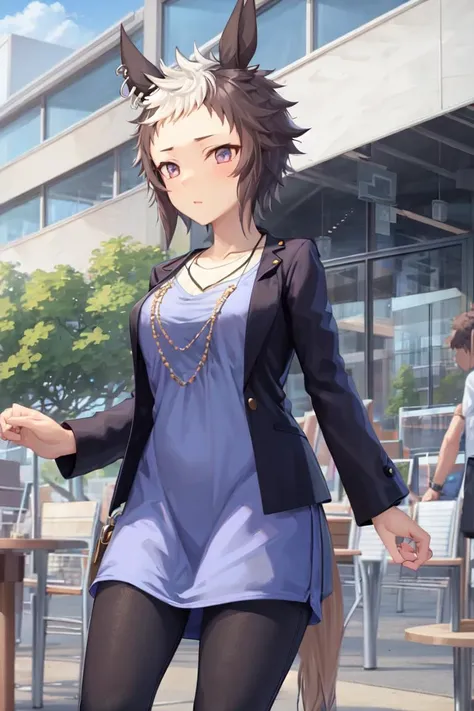 masterpiece, best quality,
mejiro ryan \(umamusume\),
buildings, sign, street,
casual, ear piercing, necklace, wristband, long sleeves, white shirt, blue dress, open jacket, open clothes, black jacket, capri pants, black pants, (shirt in dress:0.7), 
<lora:mejiro_ryan_loha:0.7>