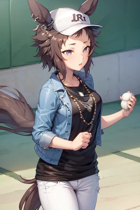 masterpiece, best quality,
mejiro ryan \(umamusume\),
baseball cap, denim jacket, balck shirt, necklace, white pants, hands in pocket,
<lora:mejiro_ryan_loha:0.7>