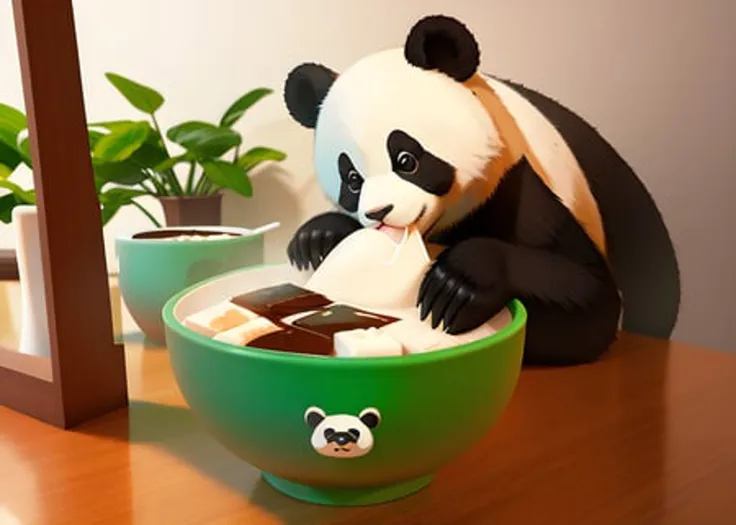 panda, panda bear eating bambo , 3d