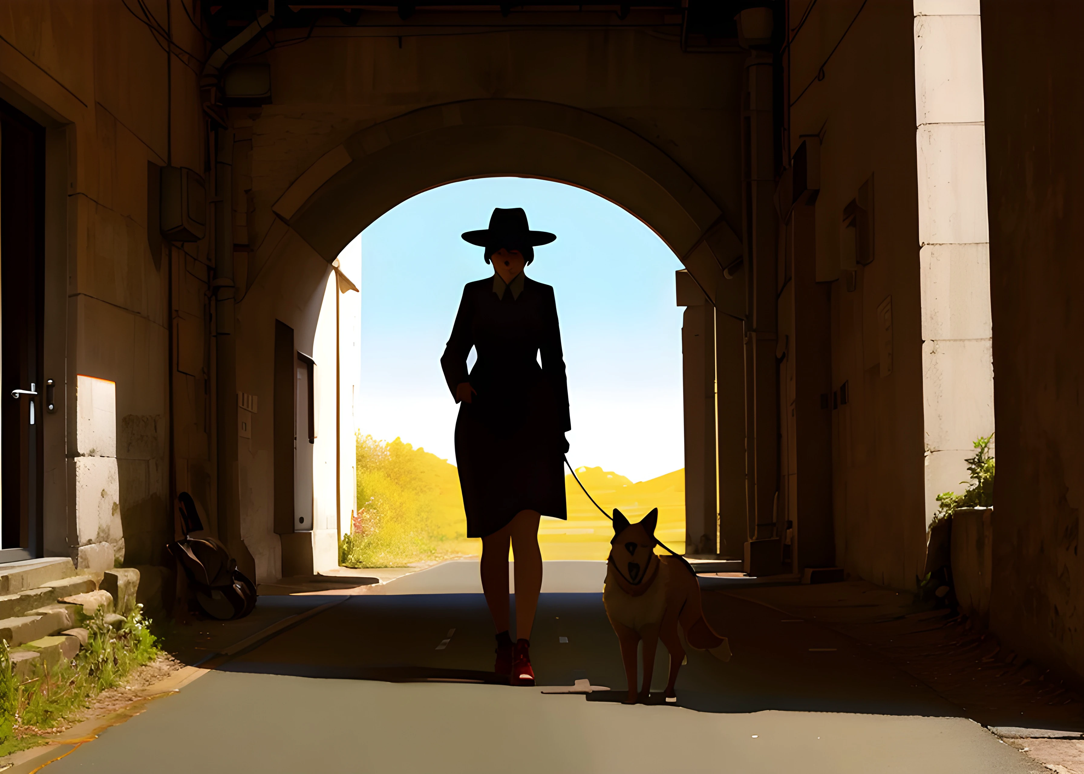 old woman walking dog 
