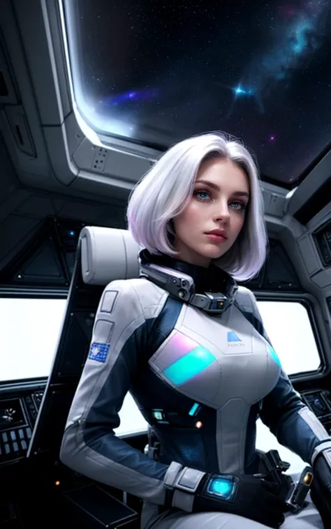 ([style of Jovana Rikalo, OverallDetail:style of Liam Wong, HairDetail SkinDetail:0.4]:1.3),  (beautiful busty skinny british woman sitting in spaceship cockpit looking over shoulder at viewer:1.2), (cute face, over the shoulder:1.1), (movie still:1.1), side view, (spaceship cockpit:1.1), glowing holographic instruments, (beautiful face:1.11), from behind, smart fabric flightsuit:1.1, lightweight structured jacket with sharp geometric lines, utility belt, kneehigh boots, fingerless gloves, (large spaceship cockpit with highly polished flooring and stellar view), backlit hair, perfect face, feminine physique, (pale freckles:0.6), (black and silver accents), perfect eyes, low key, joystick++, thin pouting lips, (white++ bob hair, ombre tips:1.2), wide set soft+ turquoise++ eyes, skin pores, (small retrousse nose:1.2), (pale skin), supernova, dramatic angle, eyelid shimmer makeup, silver eyeshadow, iridescent cheekbones, muted rose lips, deep space blue, (available light:0.7), BREAK, starlight silver, nebula pink, black hole black, planetary rings, asteroid clusters, geometric shapes, angular contours, Holographic control panels, chiaroscuro effects, reflective surfaces, starfilled skies, distant galaxies, shimmering surfaces, iridescent scifi materials, clean lines, modernistic details