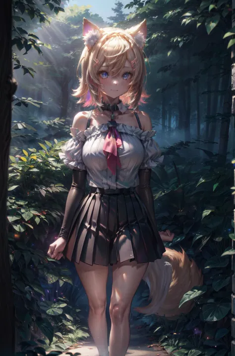 cinematic lighting, (volumetric lighting, Highres), (Detailed Illustration), Ultra-Detailed, 8k, lights and shadows, nsfw, (detailed background, complex background:1.2), perfect anatomy, 1girl, gigantic breasts, MococoAbyssgard, hairclip, hairband, dog ears, tail, off-shoulder shirt, pleated skirt, forest scene, outdoors, cameltoe view, <lora:MococoAbyssgard:0.9> <lora:add_detail:0.8> <lora:hairdetailer:0.8> <lora:1651489307798708599:0.8>