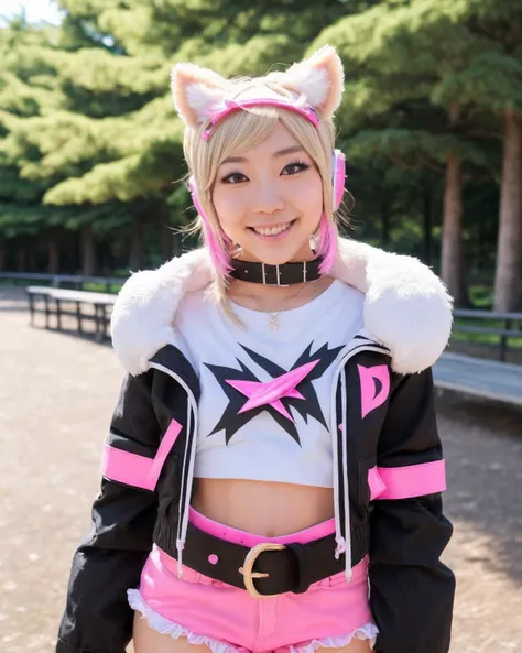 hires, detailed, beautiful japanese woman in a park, (cosplay of MococoAbyssgard), animal ears, hairclip, hairband, collar, black jacket, fur-trim, hoodie, crop top, headphones around neck, pink belt, white shorts, midriff, smile <lora:mococo abyssgard:1>