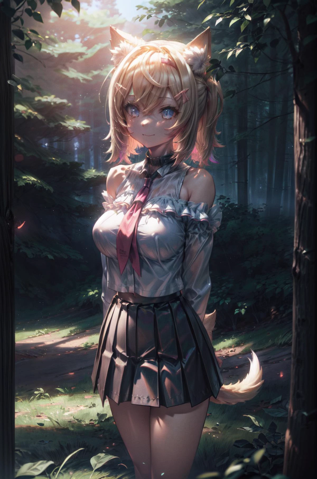 cinematic lighting, (volumetric lighting, Highres), (Detailed Illustration), Ultra-Detailed, 8k, lights and shadows, nsfw, (detailed background, complex background:1.2), perfect anatomy, 1girl, gigantic breasts, MococoAbyssgard, hairclip, hairband, dog ears, tail, off-shoulder shirt, pleated skirt, forest scene, outdoors, :3, smile, arms behind back, <lora:MococoAbyssgard:0.9> <lora:add_detail:0.8> <lora:hairdetailer:0.8>