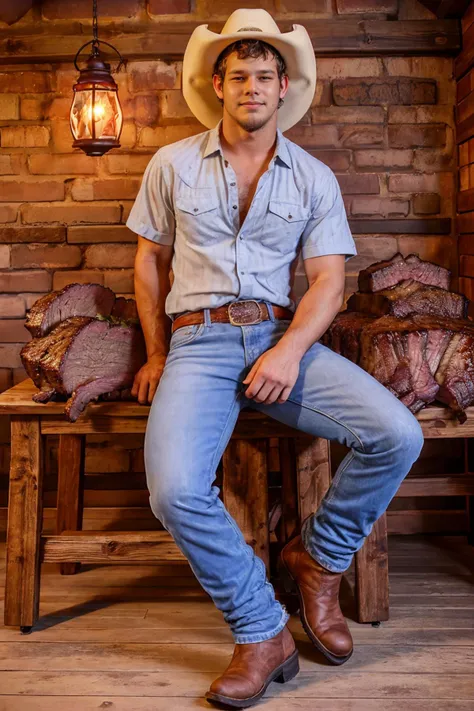 rustic timber frame barbecue restaurant, red brick walls, BBQ, sitting beside wooden table, plate of (brisket barbecue:1.3) at table, CMWyatt, wearing cowboy cut button up shirt, blue jeans, cowboy boots, (((full body portrait))), wide angle <lora:CMWyatt:0.8>