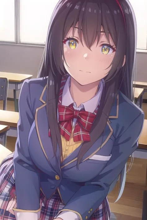 sayukitokihara, <lora:sayuki tokihara s1-lora-nochekaiser:1>,
sayuki tokihara, long hair, black hair, ribbon, hair ribbon, (yellow eyes:1.3), hairband, smile,
BREAK skirt, bow, school uniform, jacket, plaid, plaid skirt, blazer,
BREAK indoors, classroom,
BREAK looking at viewer,
BREAK <lyco:GoodHands-beta2:1>, (masterpiece:1.2), best quality, high resolution, unity 8k wallpaper, (illustration:0.8), (beautiful detailed eyes:1.6), extremely detailed face, perfect lighting, extremely detailed CG, (perfect hands, perfect anatomy),