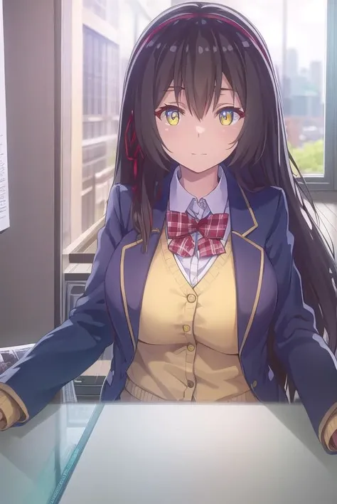 sayukitokihara, <lora:sayuki tokihara s1-lora-nochekaiser:1>,
sayuki tokihara, long hair, black hair, ribbon, hair ribbon, (yellow eyes:1.3), hairband, smile,
BREAK skirt, bow, school uniform, jacket, plaid, plaid skirt, blazer,
BREAK indoors, classroom,
BREAK looking at viewer,
BREAK <lyco:GoodHands-beta2:1>, (masterpiece:1.2), best quality, high resolution, unity 8k wallpaper, (illustration:0.8), (beautiful detailed eyes:1.6), extremely detailed face, perfect lighting, extremely detailed CG, (perfect hands, perfect anatomy),