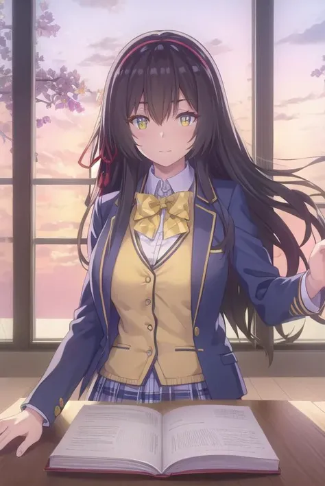 sayukitokihara, <lora:sayuki tokihara s1-lora-nochekaiser:1>,
sayuki tokihara, long hair, black hair, ribbon, hair ribbon, (yellow eyes:1.3), hairband, smile,
BREAK skirt, bow, school uniform, jacket, plaid, plaid skirt, blazer,
BREAK indoors, classroom,
BREAK looking at viewer,
BREAK <lyco:GoodHands-beta2:1>, (masterpiece:1.2), best quality, high resolution, unity 8k wallpaper, (illustration:0.8), (beautiful detailed eyes:1.6), extremely detailed face, perfect lighting, extremely detailed CG, (perfect hands, perfect anatomy),