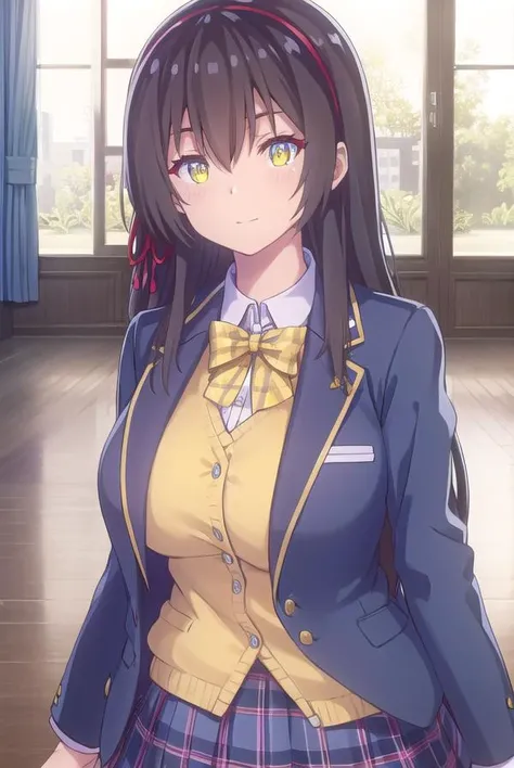 sayukitokihara, <lora:sayuki tokihara s1-lora-nochekaiser:1>,
sayuki tokihara, long hair, black hair, ribbon, hair ribbon, (yellow eyes:1.3), hairband, smile,
BREAK skirt, bow, school uniform, jacket, plaid, plaid skirt, blazer,
BREAK indoors, classroom,
BREAK looking at viewer,
BREAK <lyco:GoodHands-beta2:1>, (masterpiece:1.2), best quality, high resolution, unity 8k wallpaper, (illustration:0.8), (beautiful detailed eyes:1.6), extremely detailed face, perfect lighting, extremely detailed CG, (perfect hands, perfect anatomy),