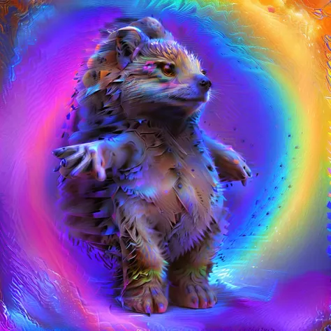 sharp 8k UHD, a front view of a cute and very furry hedgehog with arms streched out and hundreds of long spikes on his back, cute feet, high contrast, standing in the T-pose, hairy body, high saturation, <lora:psychedelic_portrait:1>, <lora:103423215:1>, <lora:Narcissists Saturation_v1:1>, <lora:saturation:1>