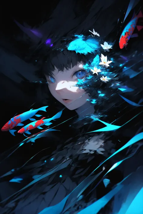 polychrome, glitch, (1girl, solo:1.4), (koi fish:1.2), (kelp), looking_at_viewer, partially_submerged, hand_on_own_face, topless, (white_hair, very_long_hair, bangs:1.2), hair_flower, (glowing_eyes), smirking, ripples, dark water, (surreal:1.4), (chromatic aberration), black background, (prismatic), iridescent, holographic, crystallized <lora:lowra_v10:1> <lora:Polychrome_v1:0.4> <lora:Luisap3GlitchsLORA_3:0.5>