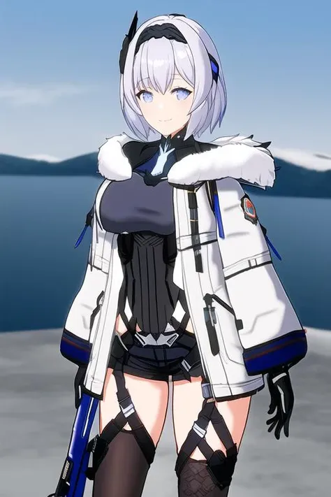 1girl, solo, winter, large breasts, outdoors, <lora:vidar3-000008:0.8>, vidar, asymmetrical headgear, fur-trimmed jacket, gloves, black thighhighs, leotard, short shorts, light smile,